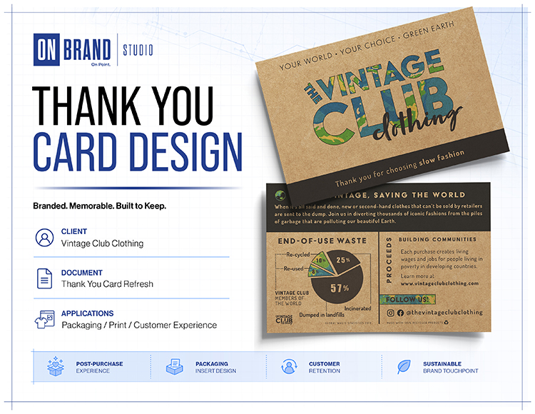 Sustainable post-purchase thank you card and packaging insert design for Vintage Club Clothing